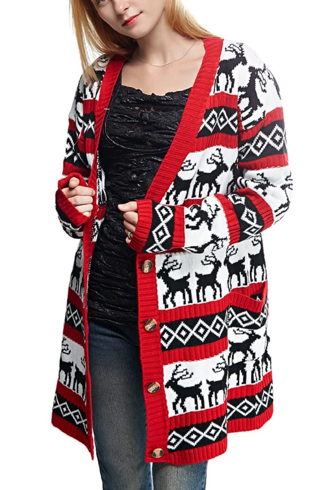 v28 Womens Oversized Christmas Reindeer Cardigan (XXX-Large,Long Sleeve, Red Reindeer Cardigan) - Image 2